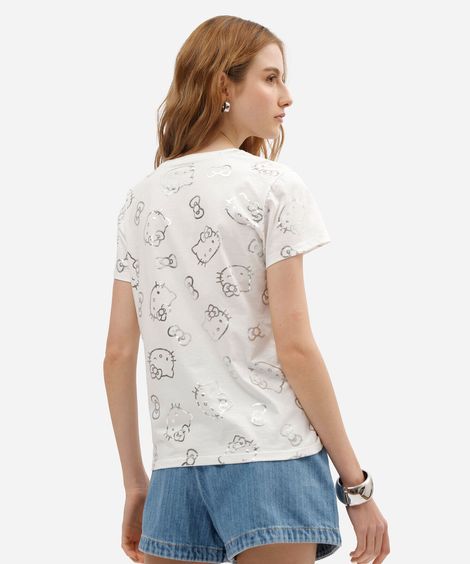 camiseta feminina de algodão manga curta hello kitty off white
