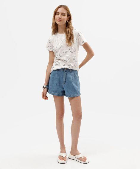 short feminino jeans com pregas cintura alta texturizado azul