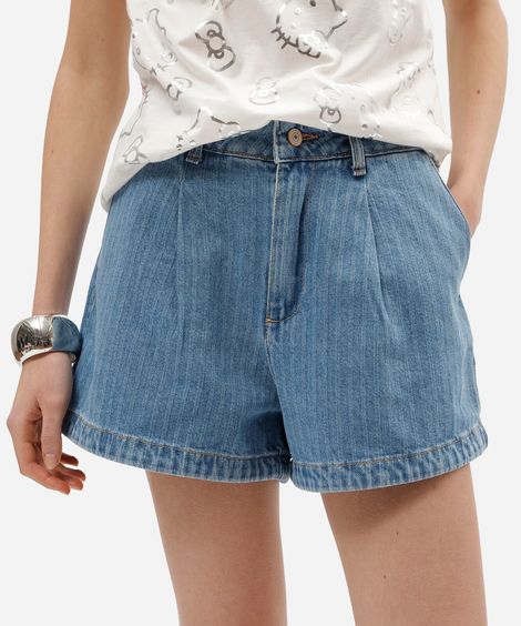 short feminino jeans com pregas cintura alta texturizado azul