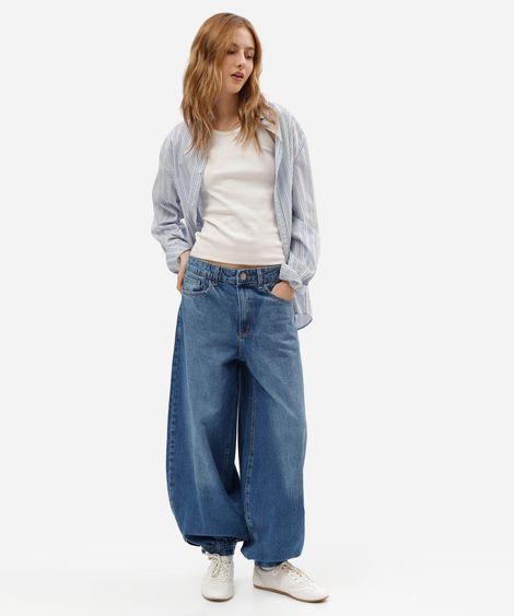 calça balonê feminina jeans cintura média azul