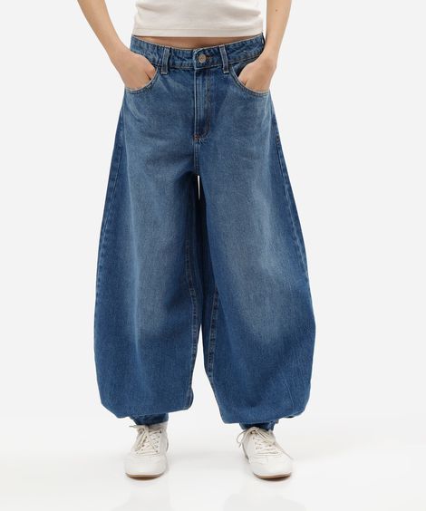 calça balonê feminina jeans cintura média azul