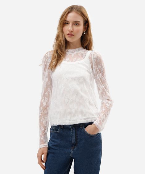 blusa feminina de renda manga longa floral off white