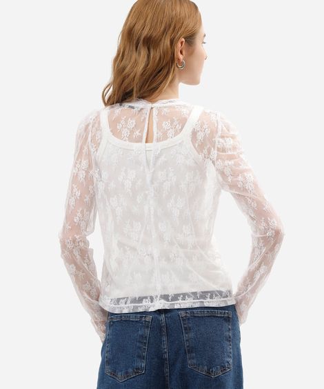 blusa feminina de renda manga longa floral off white