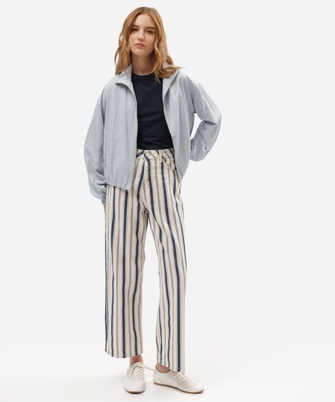 calça wide leg slim cropped feminina de sarja cintura alta listrada off white