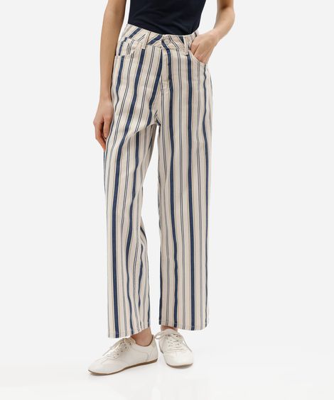calça wide leg slim cropped feminina de sarja cintura alta listrada off white