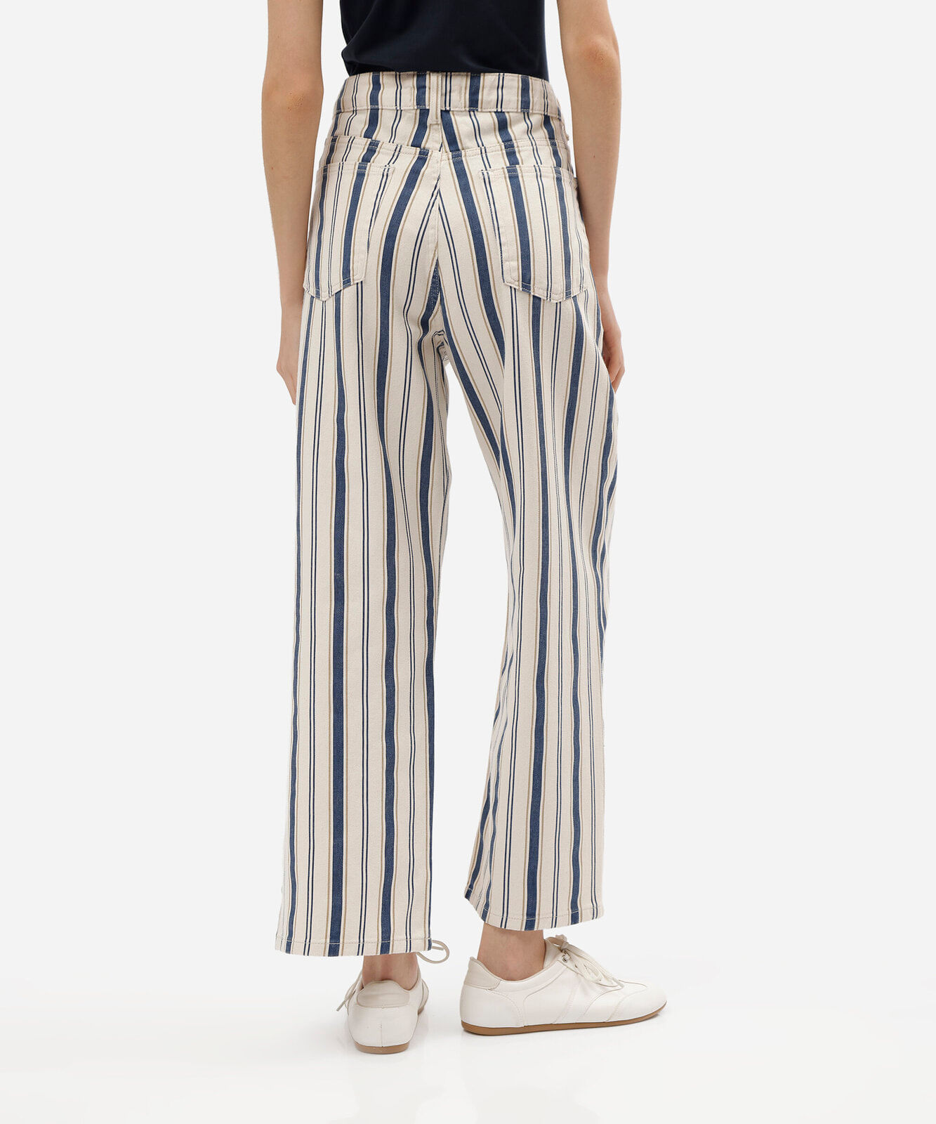 calça wide leg slim cropped feminina de sarja cintura alta listrada off white