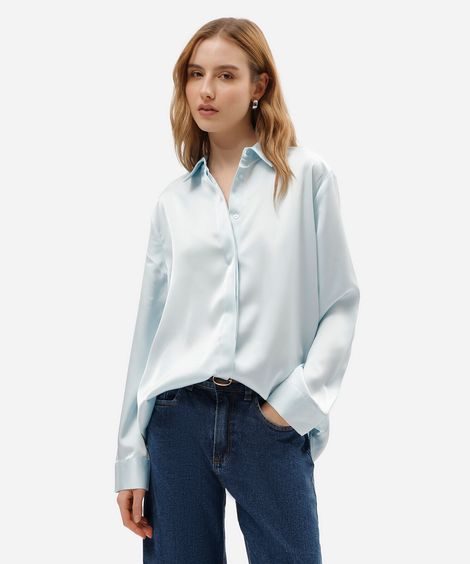 camisa feminina acetinada oversized azul