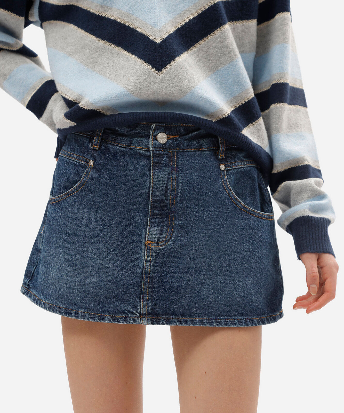 short saia jeans feminino cintura média azul