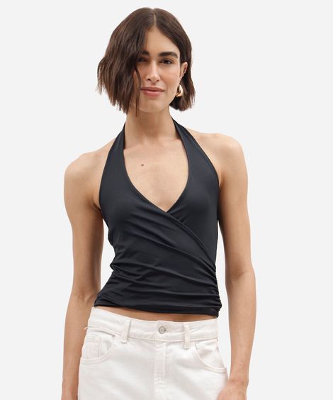 blusa frente única feminina decote v preta