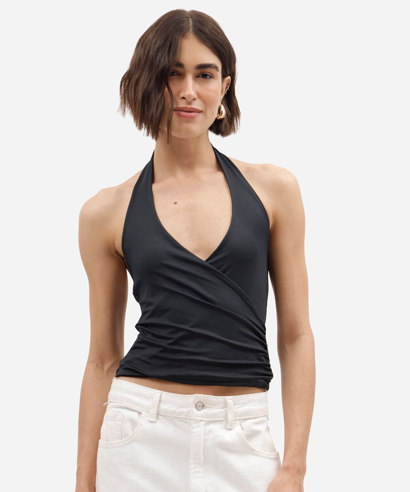 blusa frente única feminina decote v preta