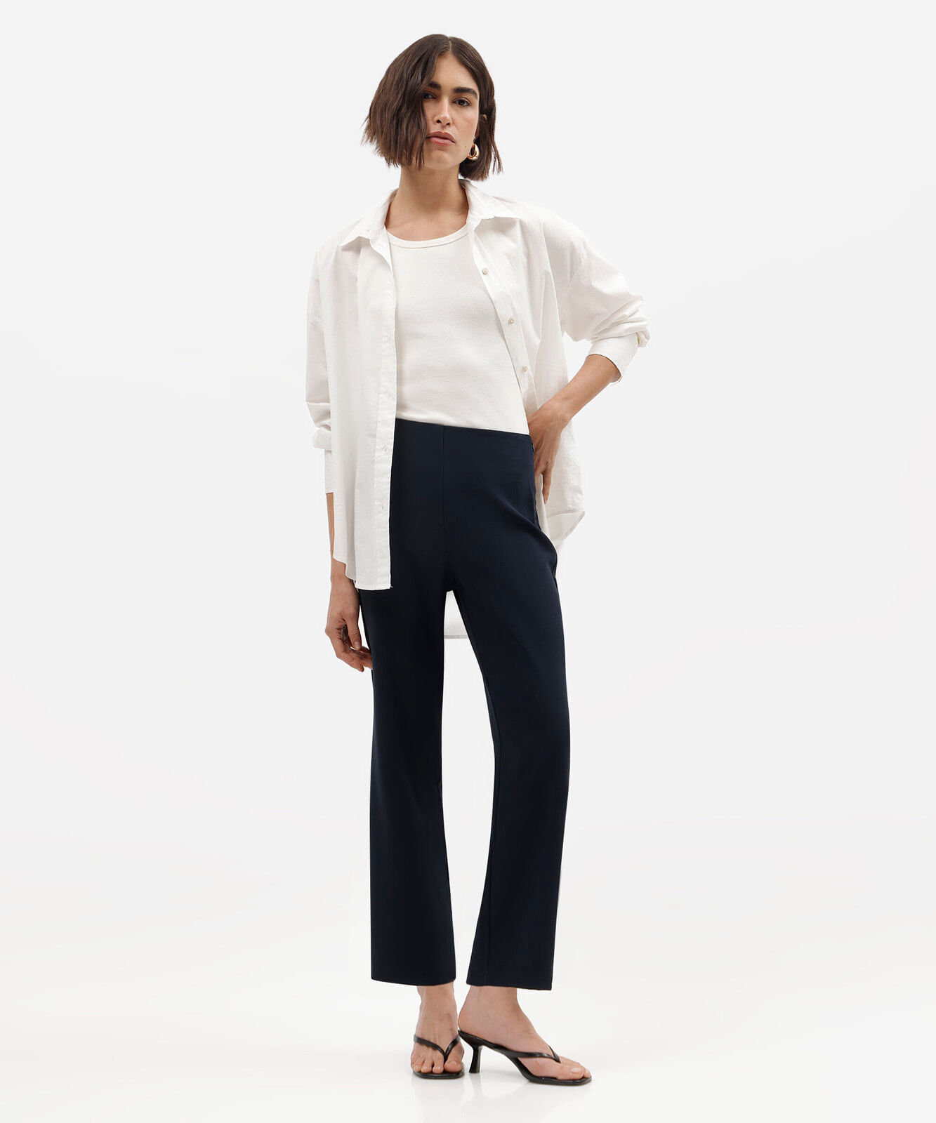 calça reta cropped feminina cintura alta azul