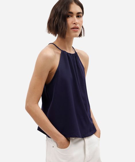 blusa feminina halterneck texturizada azul