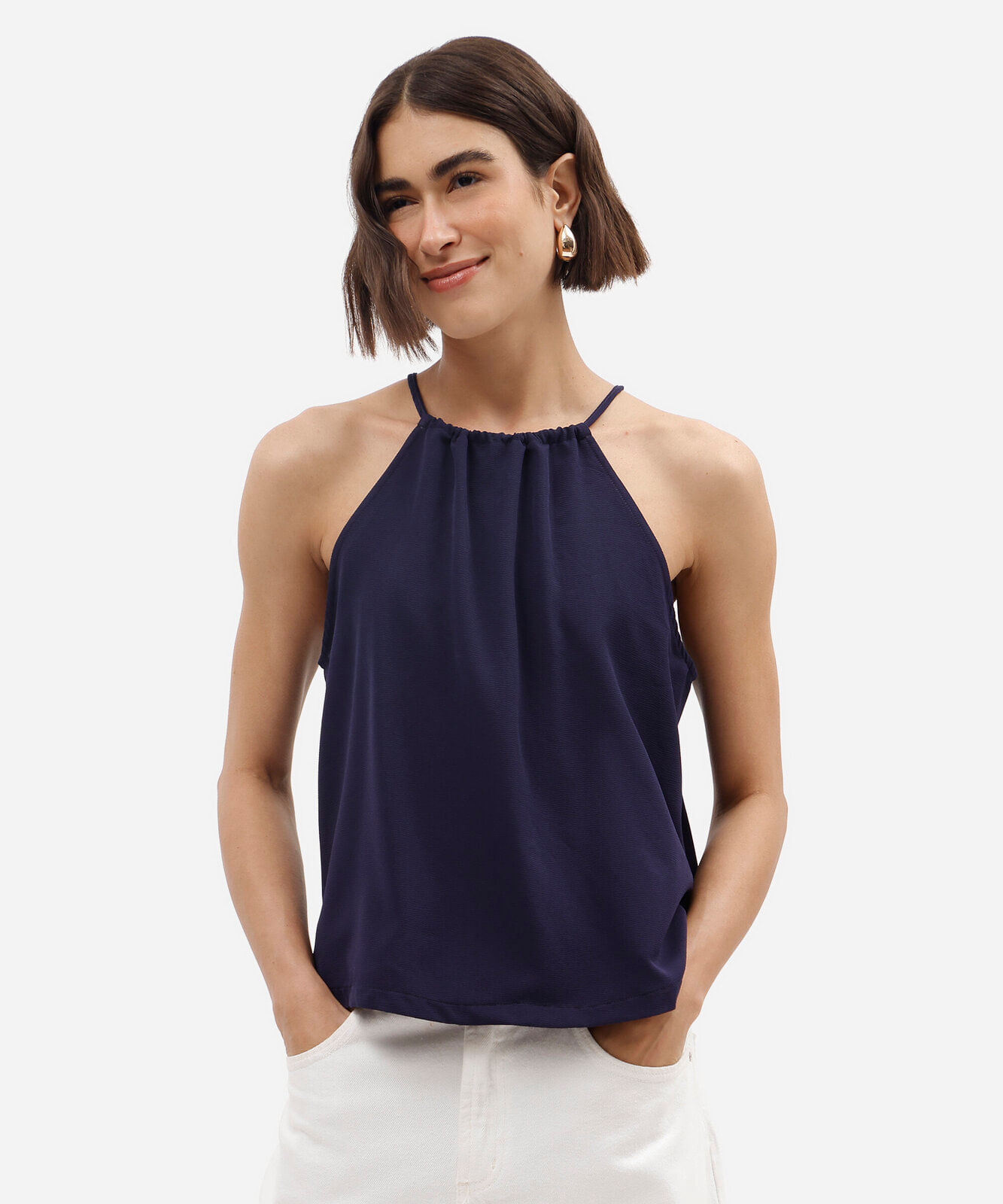 blusa feminina halterneck texturizada azul