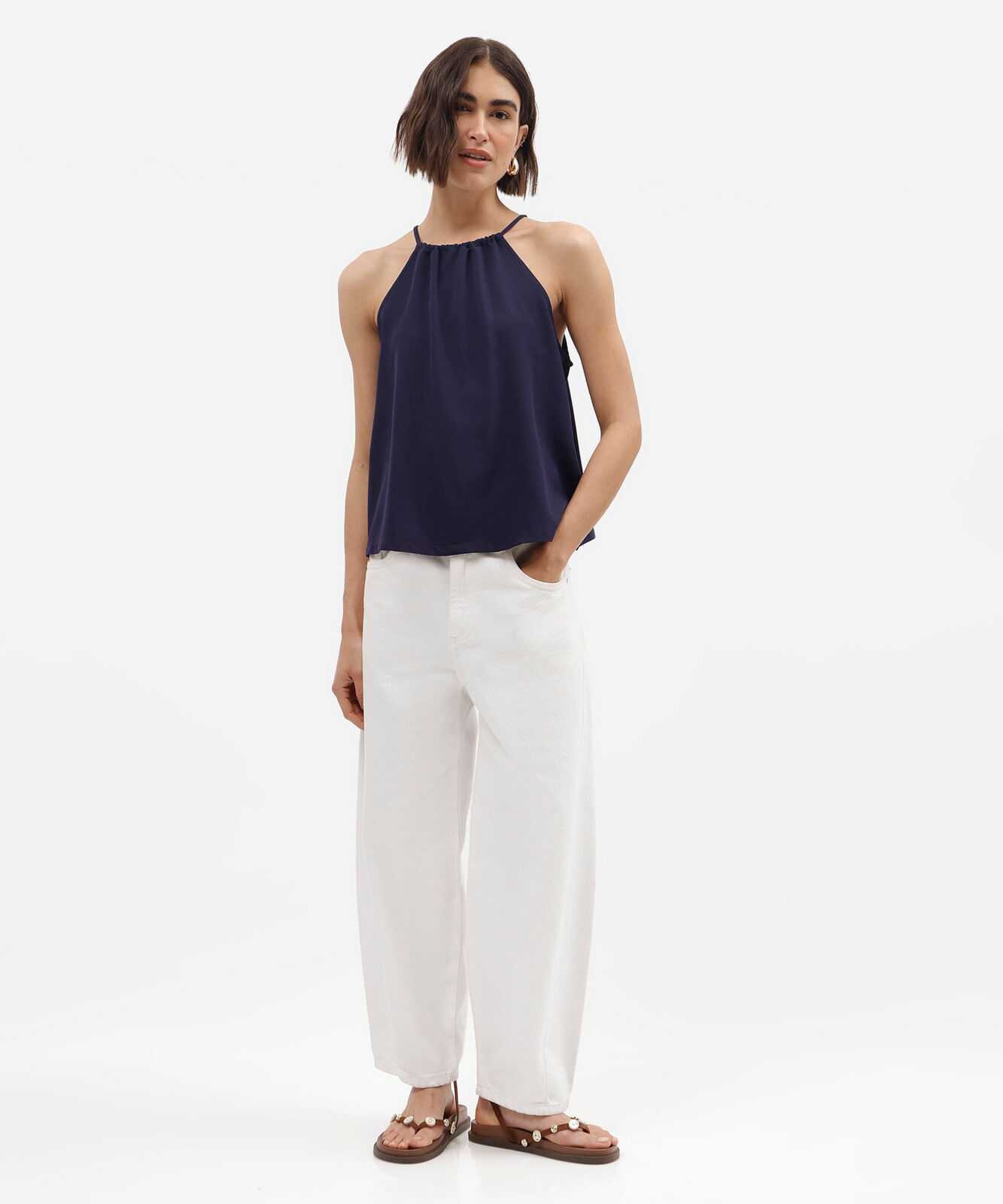 blusa feminina halterneck texturizada azul