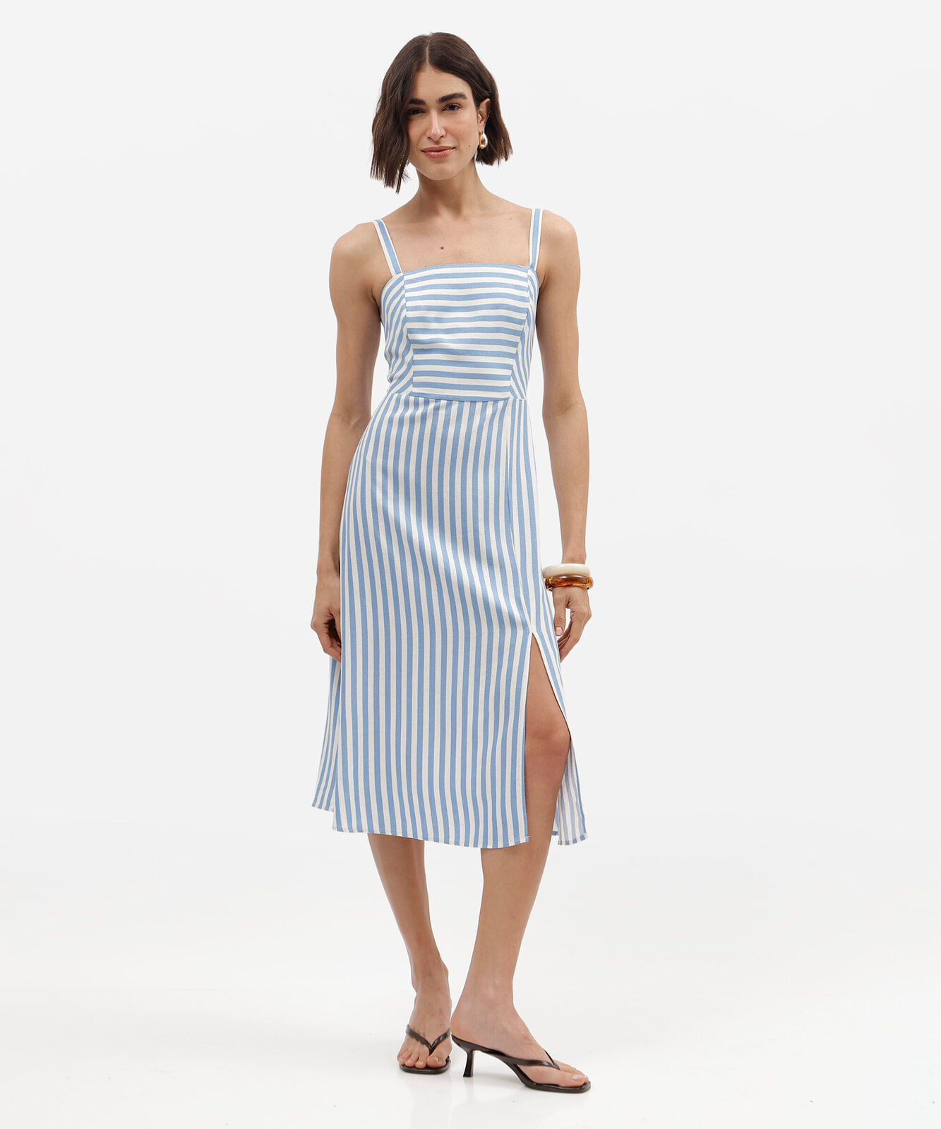 vestido midi feminino com linho e fenda listrado azul