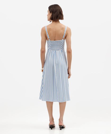 vestido midi feminino com linho e fenda listrado azul