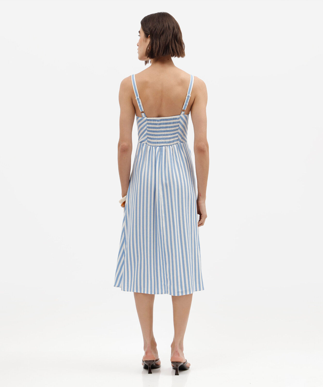 vestido midi feminino com linho e fenda listrado azul