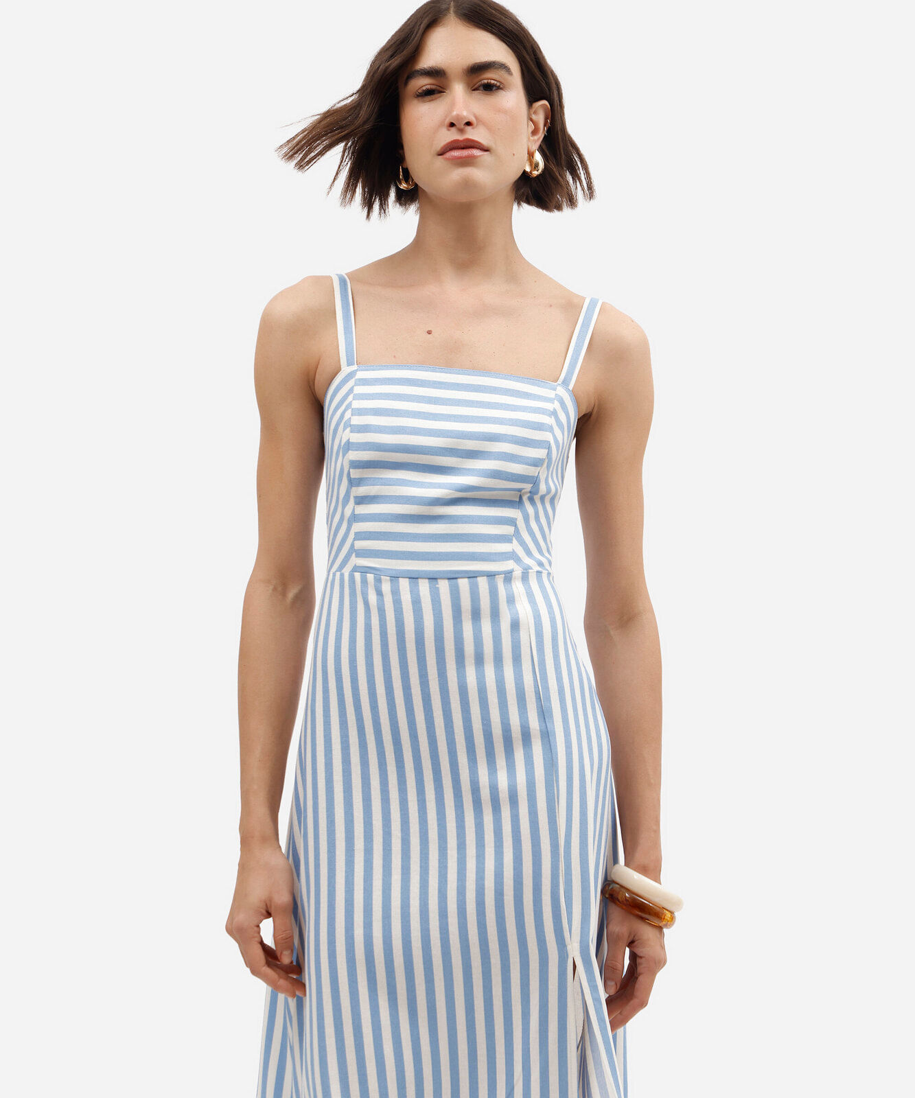 vestido midi feminino com linho e fenda listrado azul