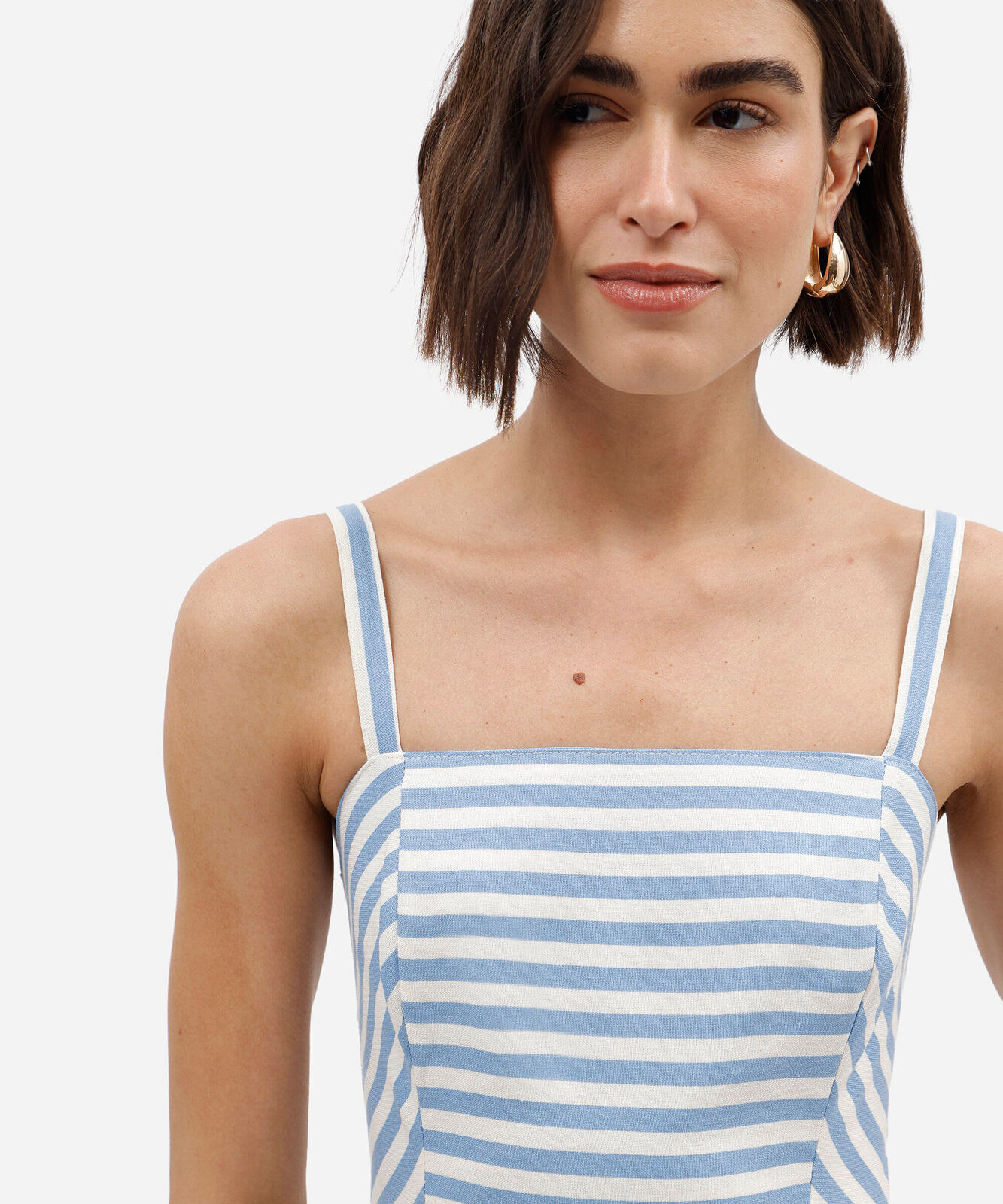 vestido midi feminino com linho e fenda listrado azul