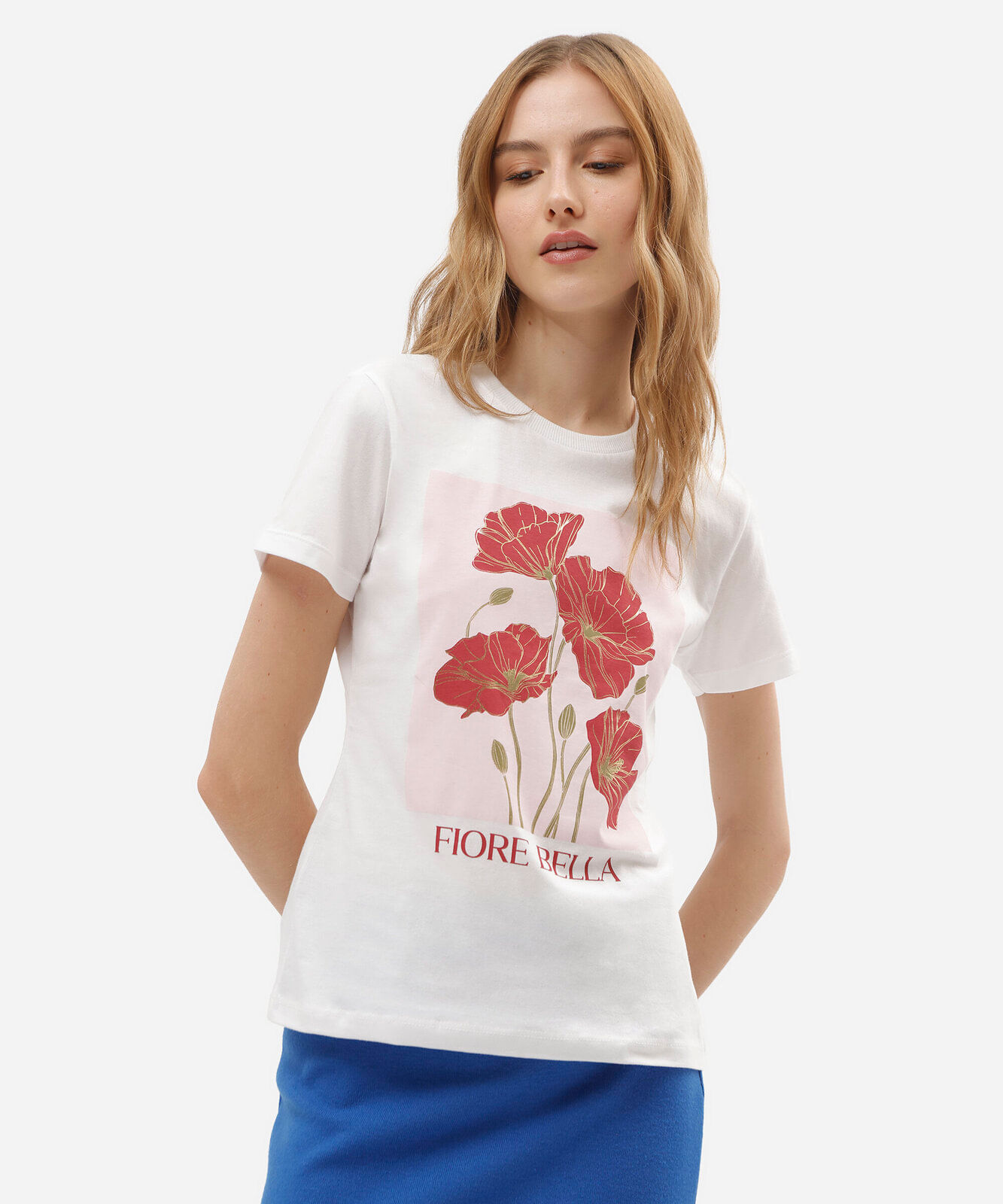 camiseta feminina de algodão manga curta floral off white