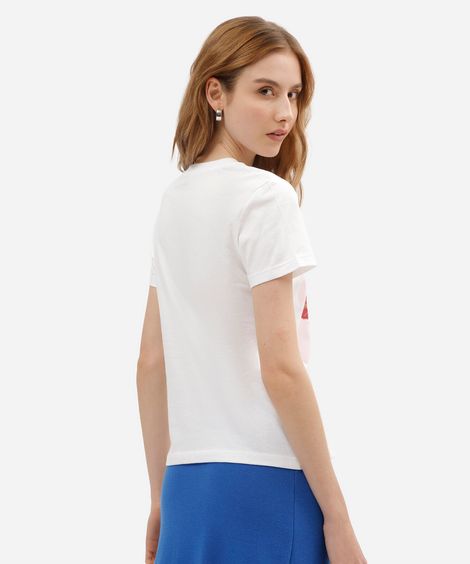 camiseta feminina de algodão manga curta floral off white