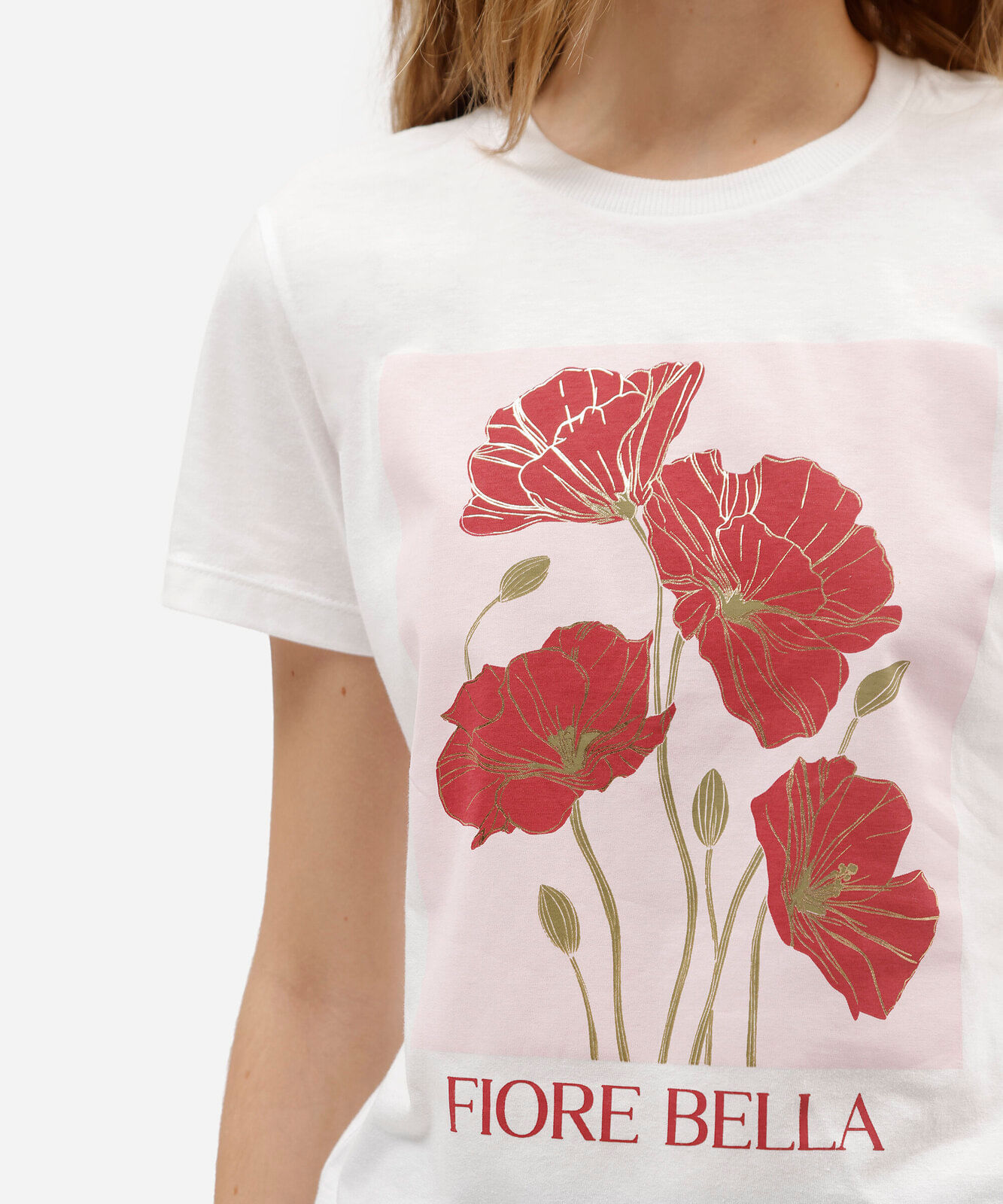 camiseta feminina de algodão manga curta floral off white