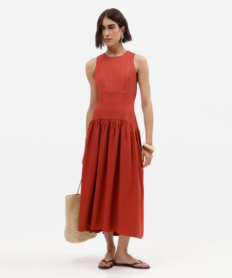 vestido midi feminino com viscose e recortes laranja