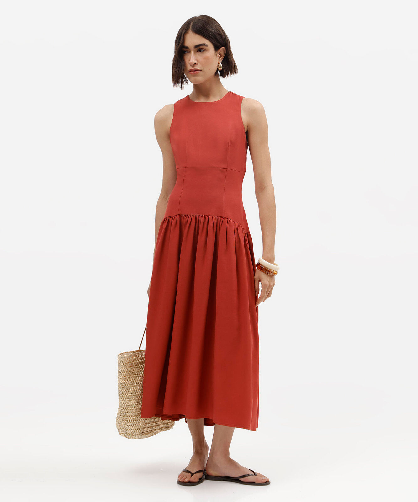 vestido midi feminino com viscose e recortes laranja