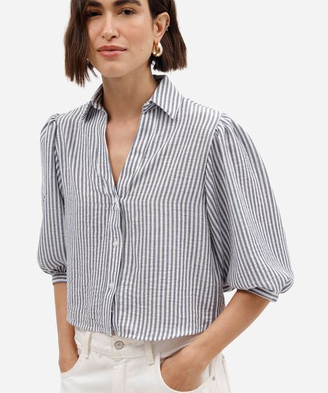 camisa feminina manga bufante listrada azul