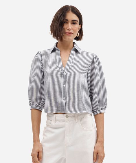 camisa feminina manga bufante listrada azul