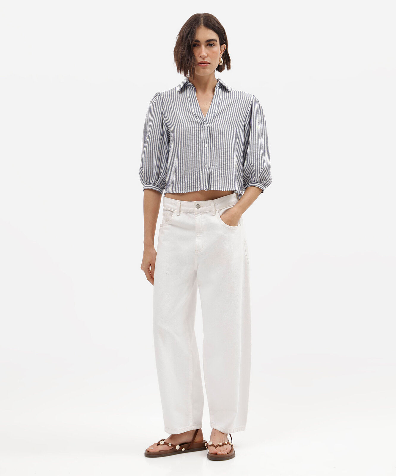 camisa feminina manga bufante listrada azul
