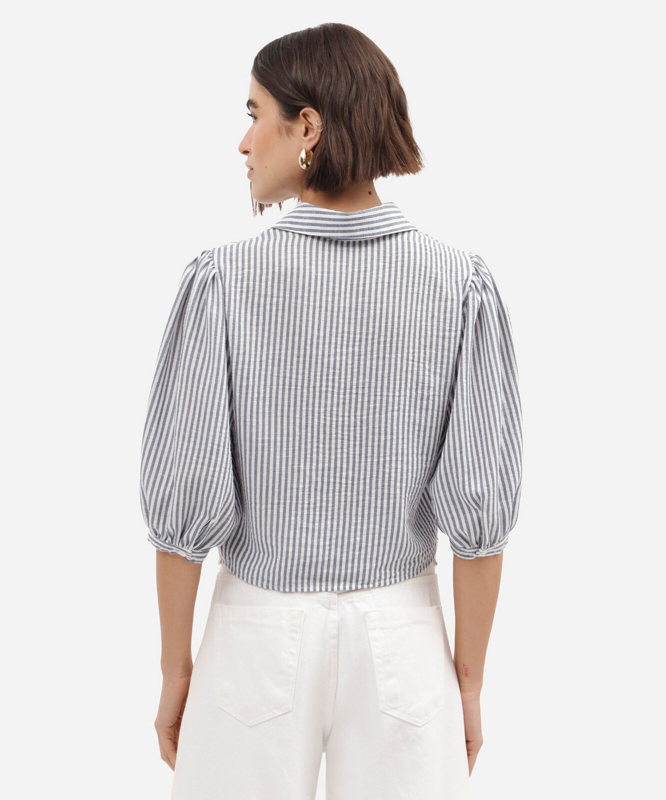 camisa feminina manga bufante listrada azul