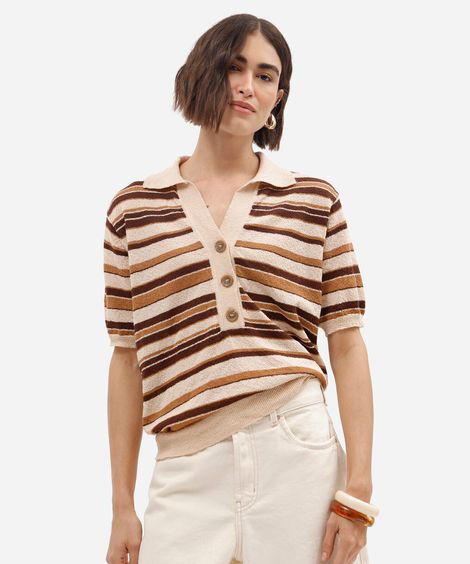 polo feminina de tricot manga curta listrada bege