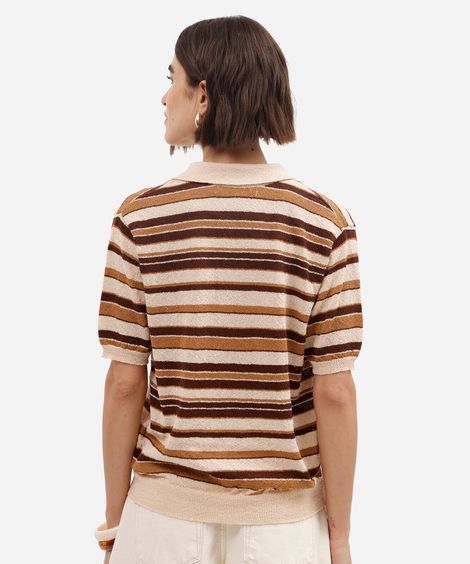 polo feminina de tricot manga curta listrada bege