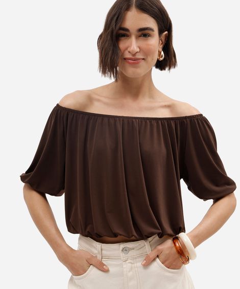 blusa feminina decote canoa manga bufante marrom