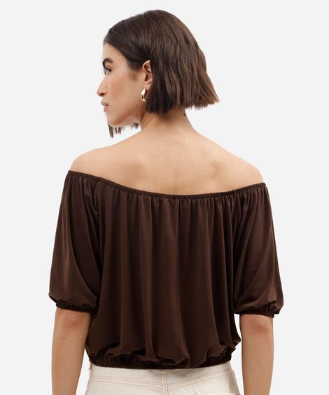 blusa feminina decote canoa manga bufante marrom