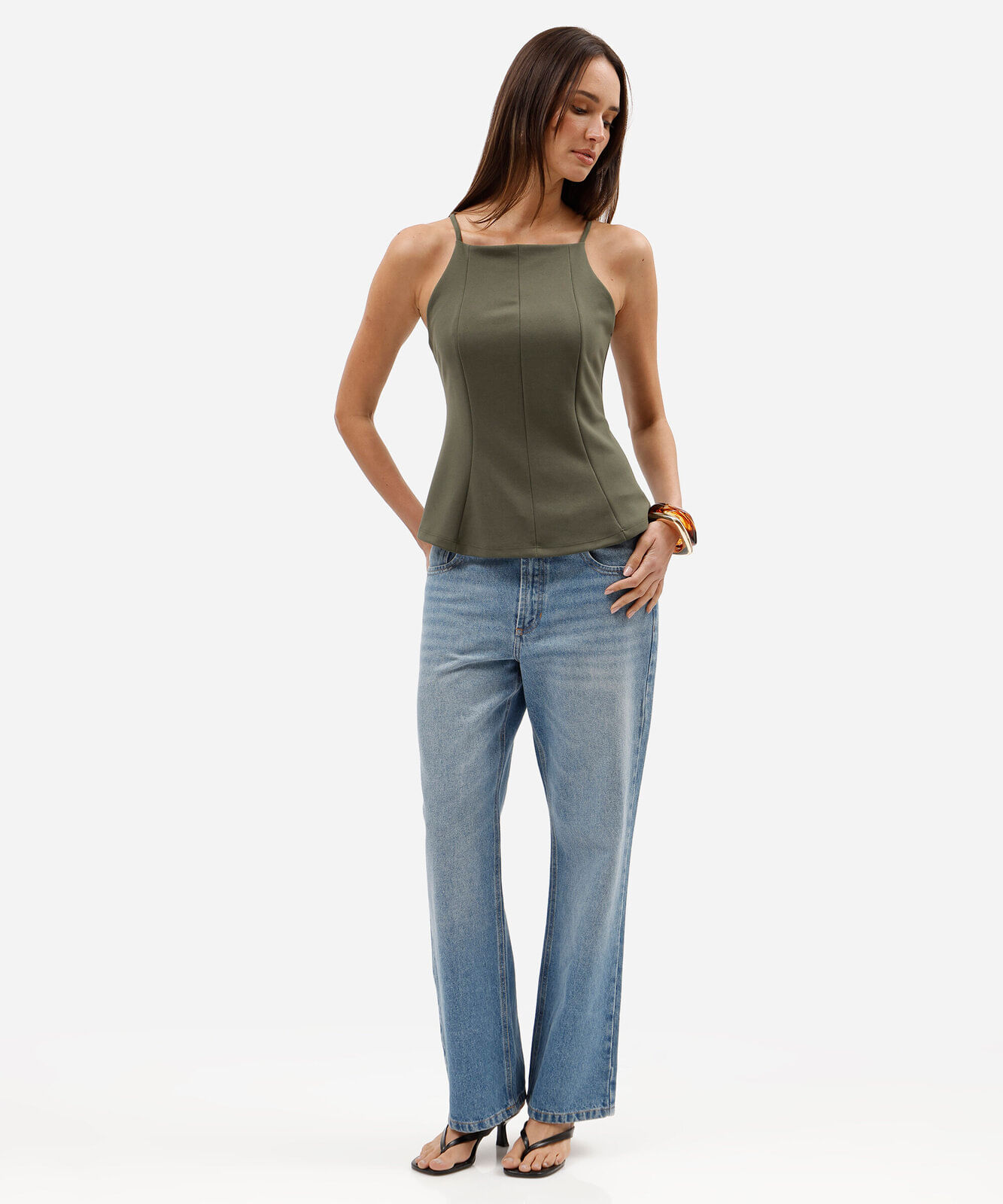 regata peplum feminina alça fina com recortes verde