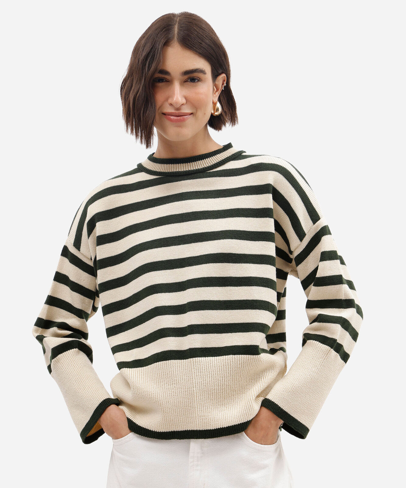 suéter feminino de tricô listrado com manga ampla verde
