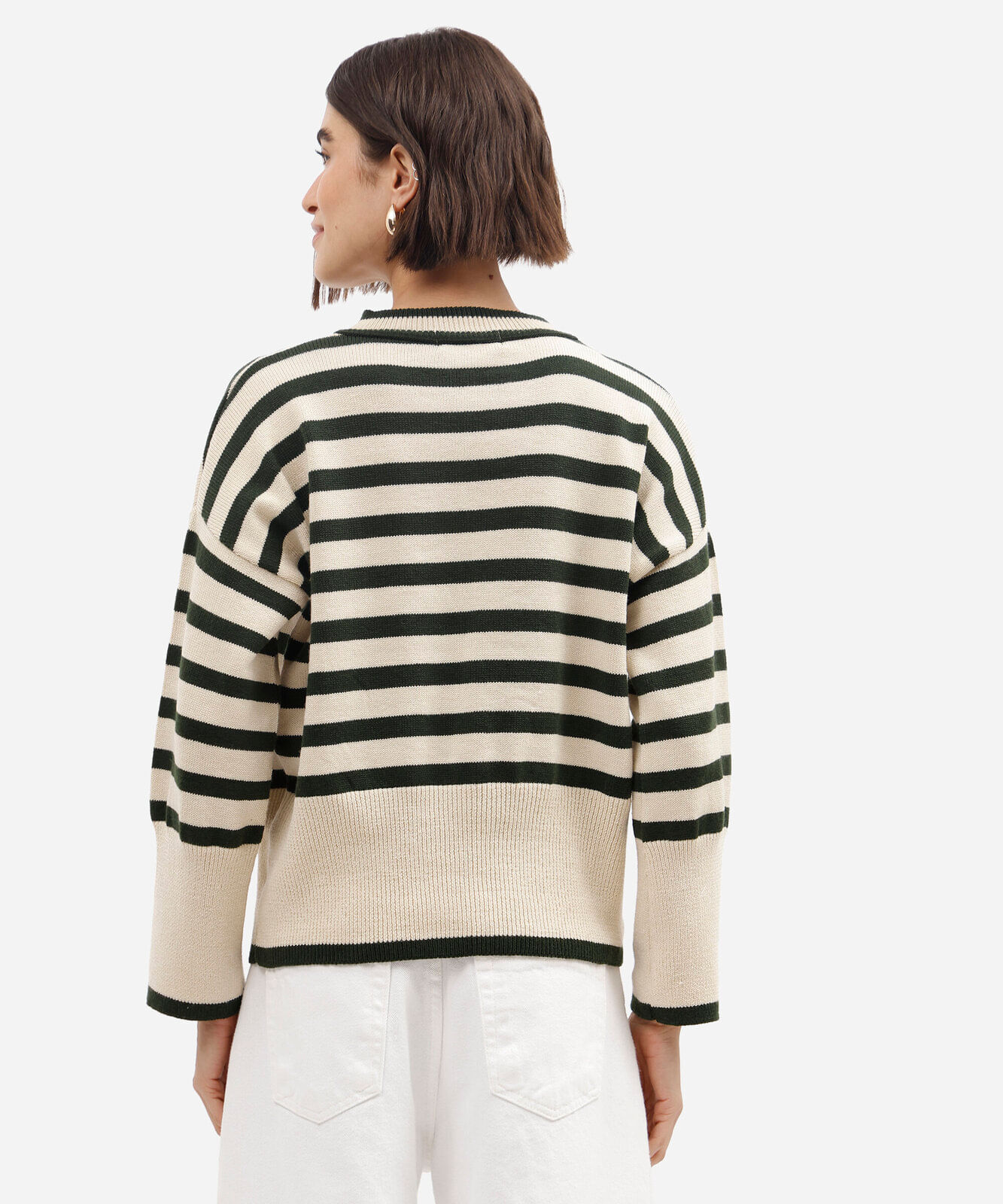 suéter feminino de tricô listrado com manga ampla verde