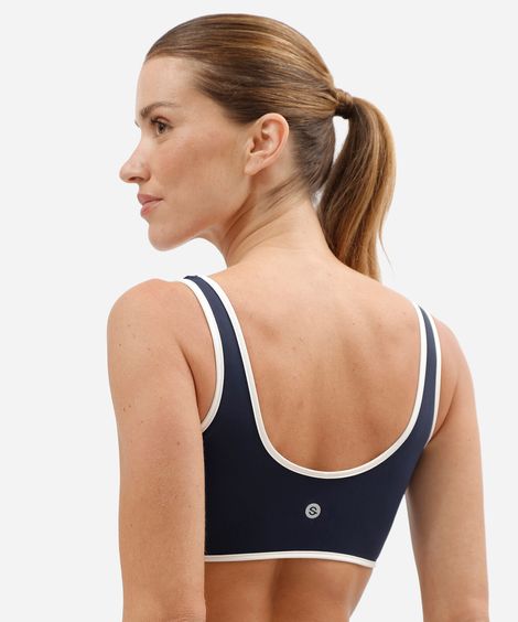 top esportivo feminino de poliamida com viés azul