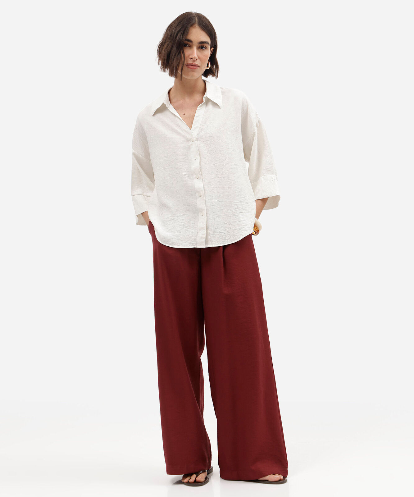camisa feminina com viscose manga longa texturizada off white