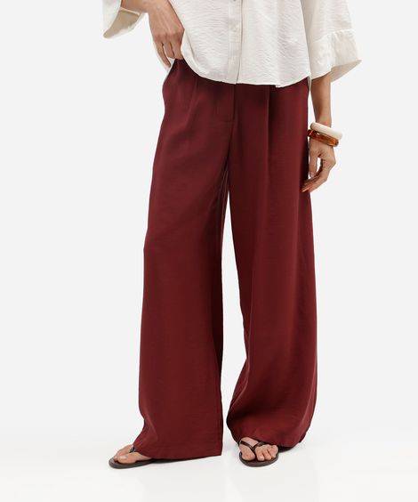 calça wide leg feminina com viscose cintura alta vinho