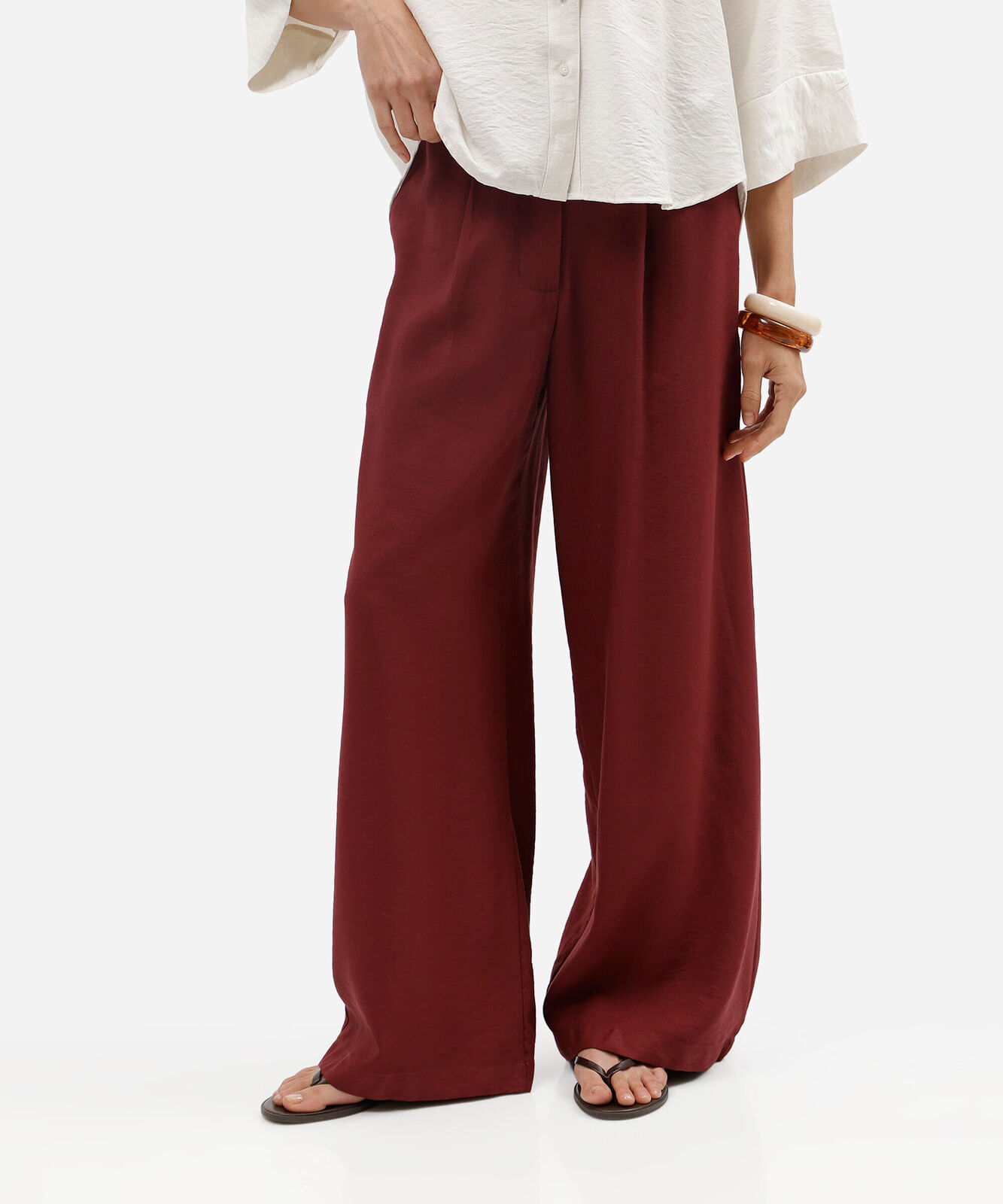 calça wide leg feminina com viscose cintura alta vinho