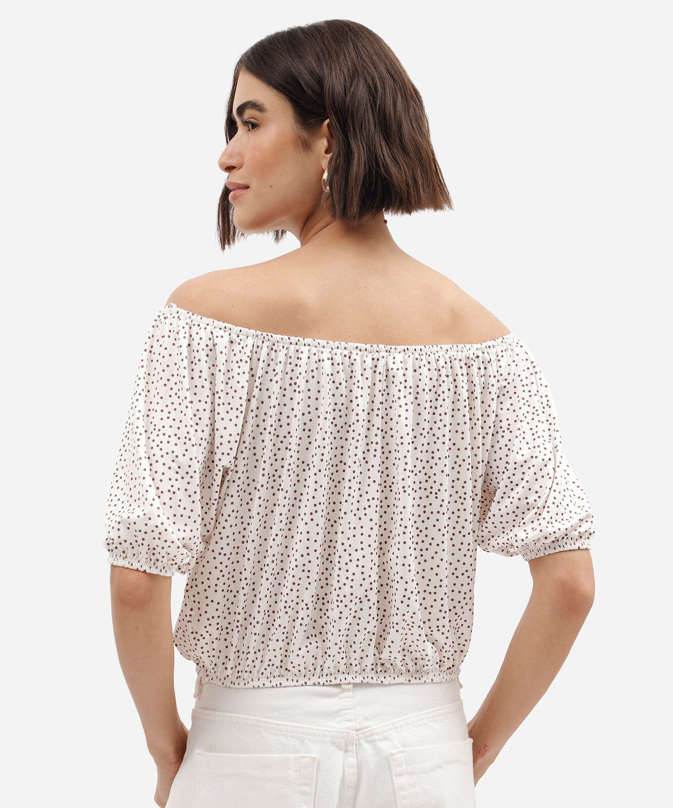blusa feminina balonê manga bufante poá off white