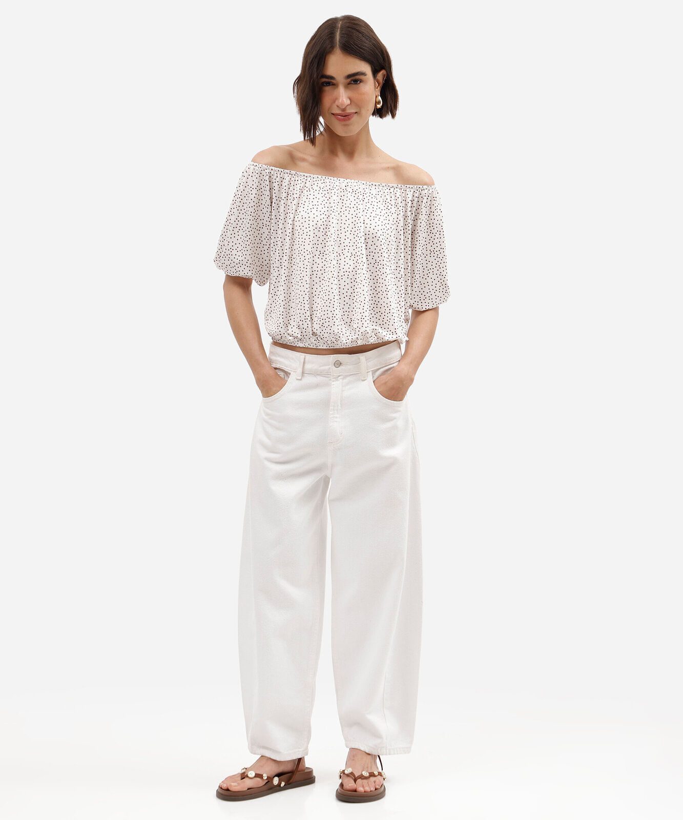 blusa feminina balonê manga bufante poá off white