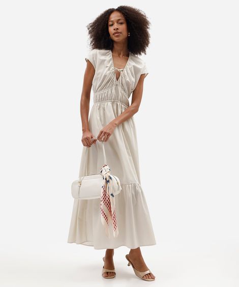 vestido midi feminino de algodão decote v franzido off white