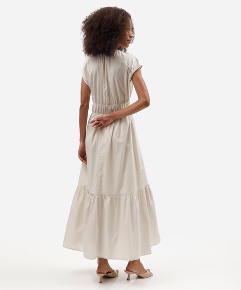 vestido midi feminino de algodão decote v franzido off white