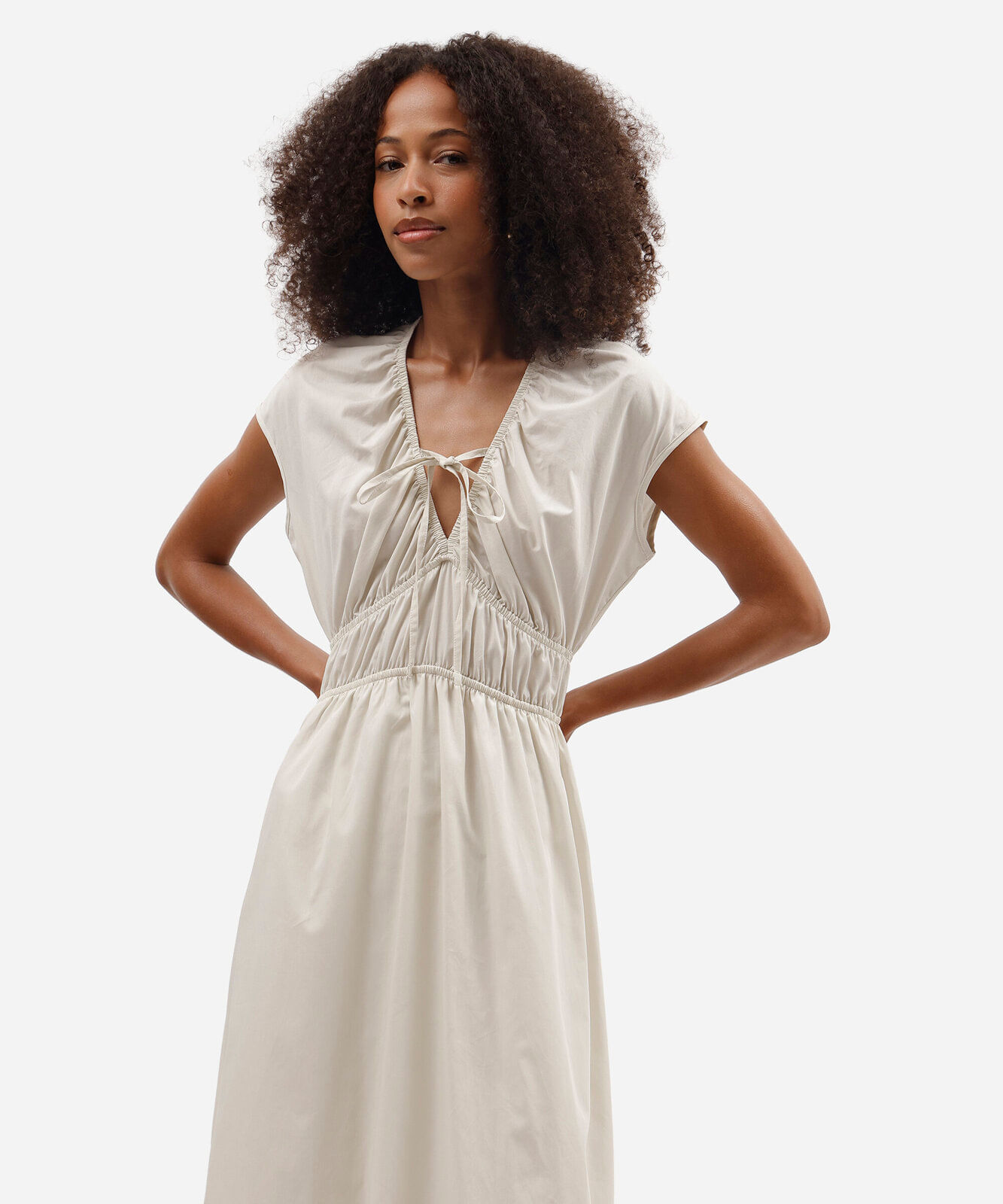 vestido midi feminino de algodão decote v franzido off white