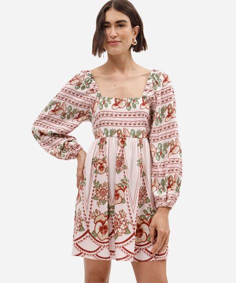 vestido curto feminino de viscose manga bufante floral rosa