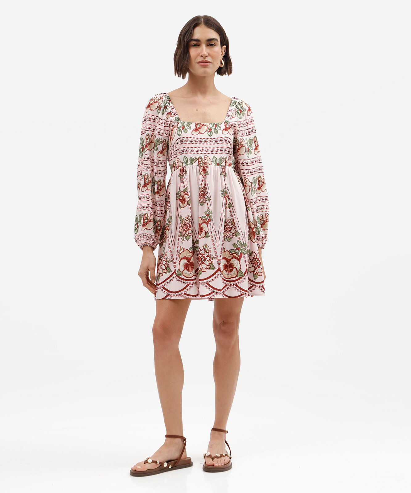 vestido curto feminino de viscose manga bufante floral rosa